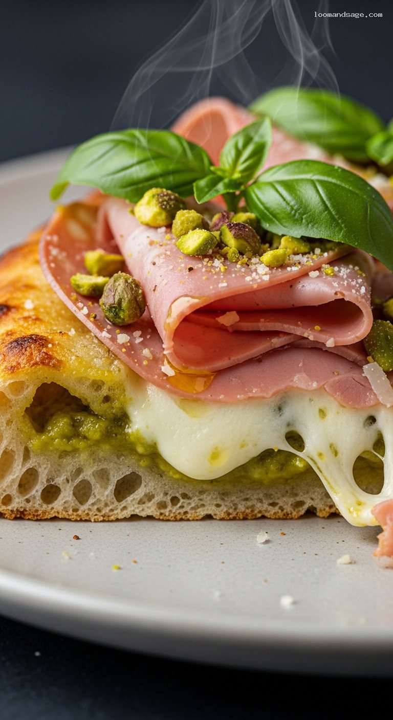 Creamy Pistachio Pesto and Mortadella with Mozzarella – Closeup