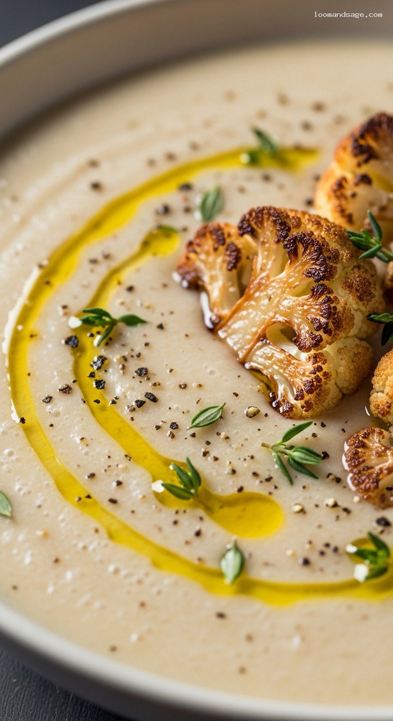 Creamy Roasted Garlic Cauliflower and White Bean Soup – Closeup