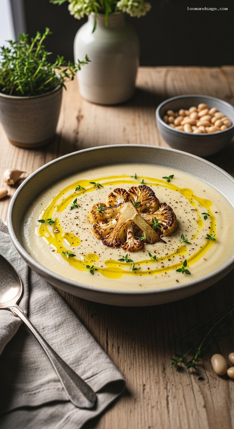 Creamy Roasted Garlic Cauliflower and White Bean Soup