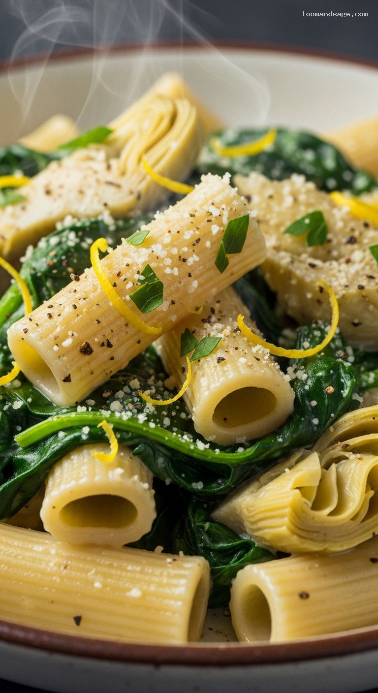 Creamy Spinach Artichoke Pasta with Garlicky Cashew Sauce – Closeup