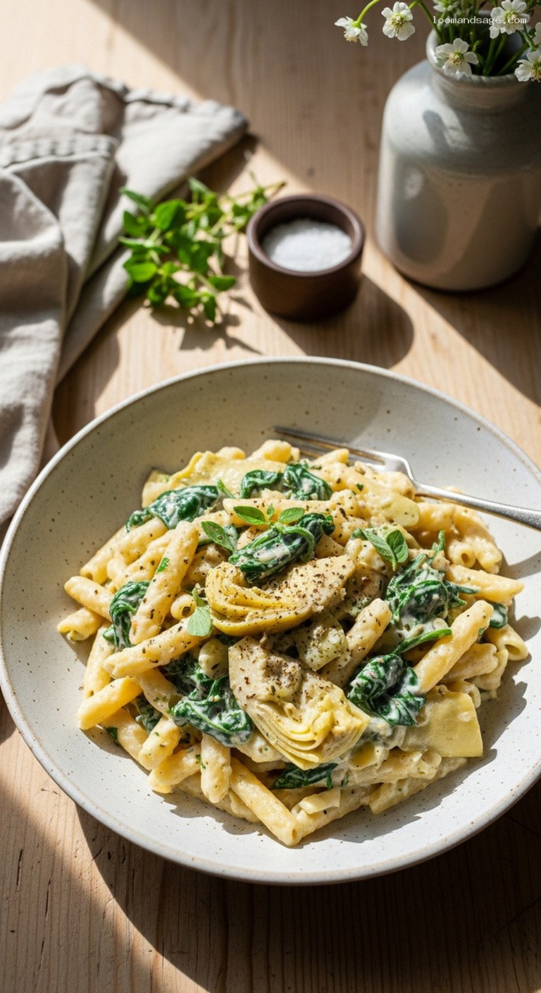 Creamy Spinach Artichoke Pasta with Garlicky Cashew Sauce