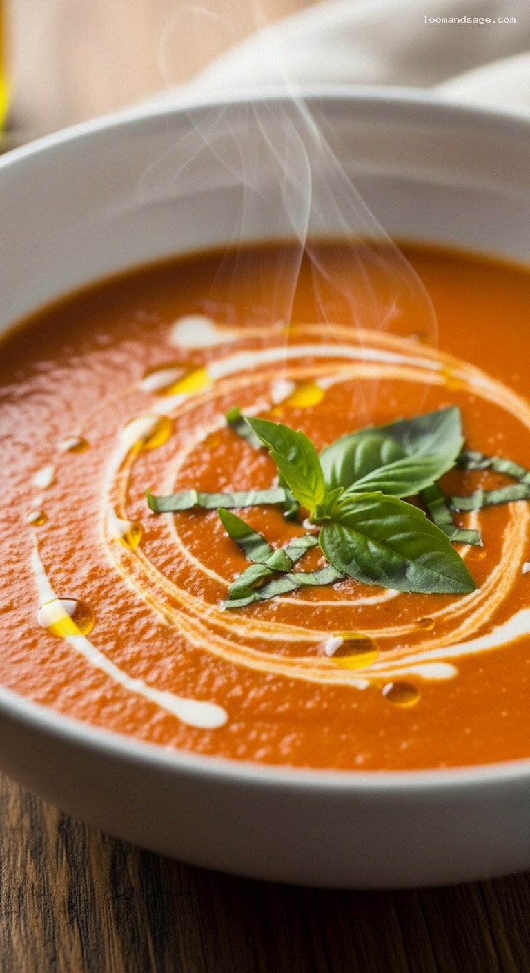 Creamy Tomato Basil Cashew Bisque with Roasted Garlic – Closeup