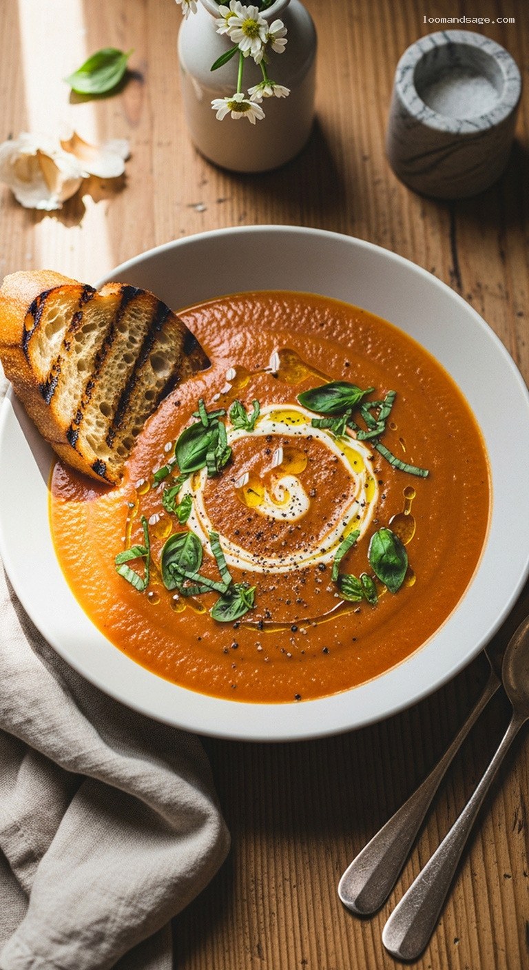 Creamy Tomato Basil Cashew Bisque with Roasted Garlic