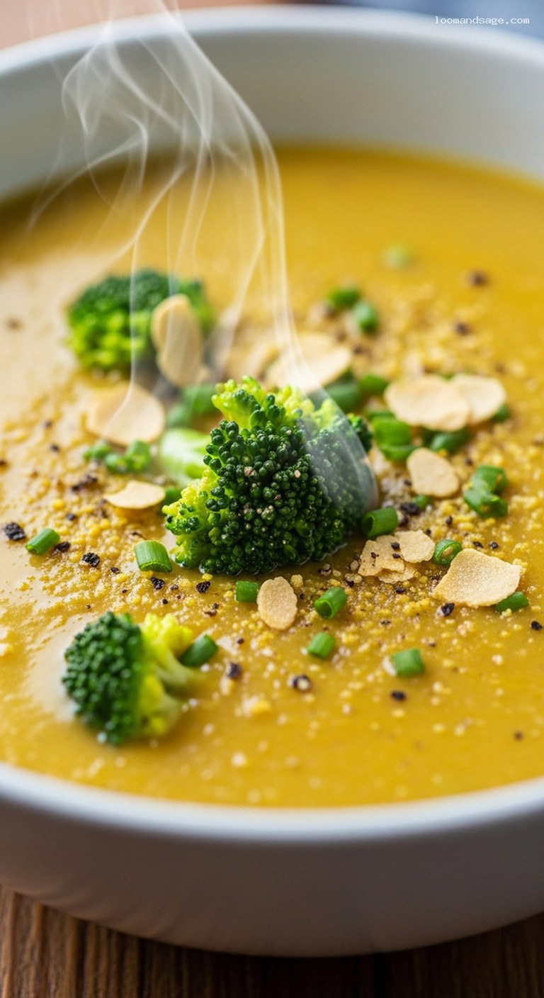 Creamy Vegan Broccoli Cheddar Soup with Cashew Cheese – Closeup