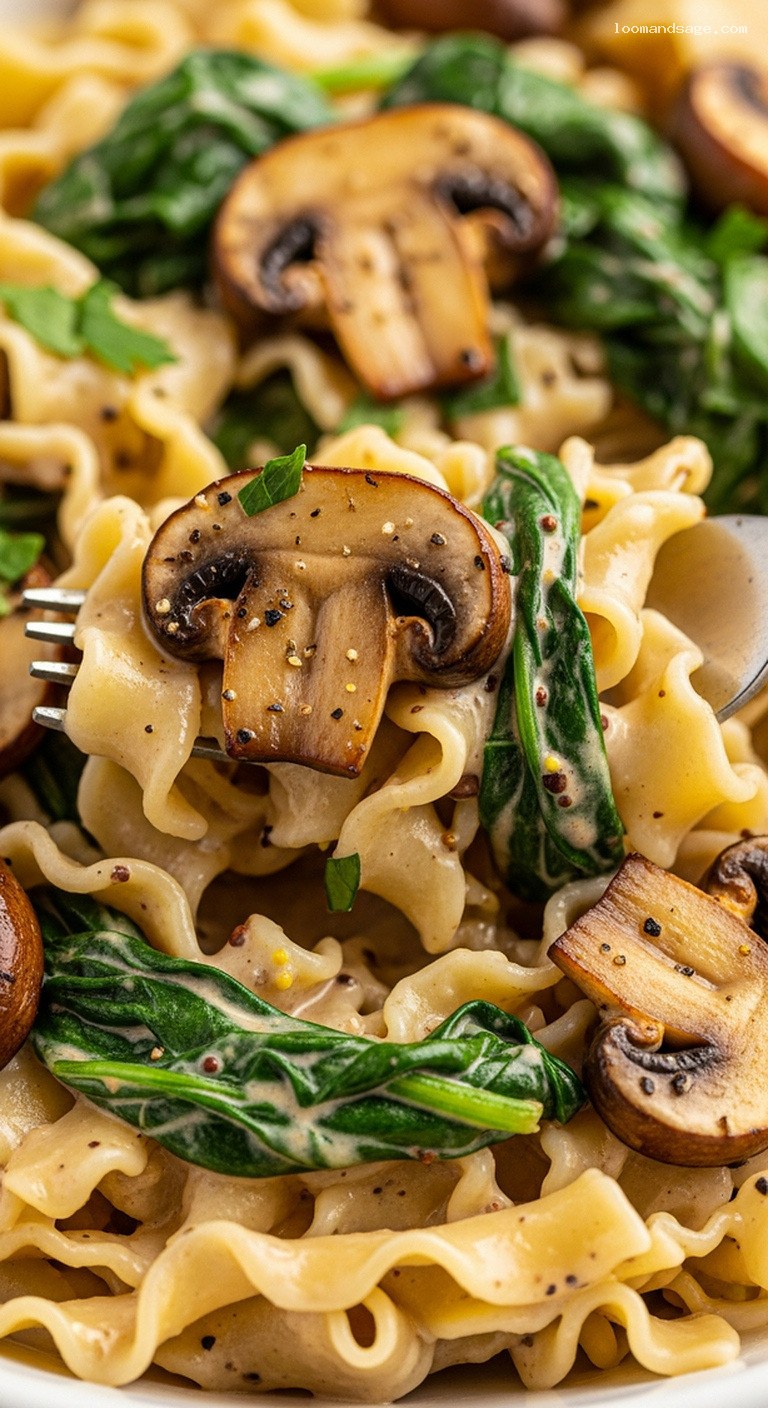 Creamy Vegan Mushroom and Spinach Stroganoff – Closeup