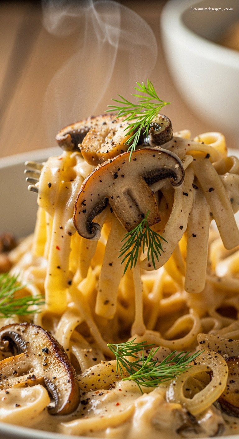 Creamy Vegan Mushroom Stroganoff with Dill over Noodles – Closeup