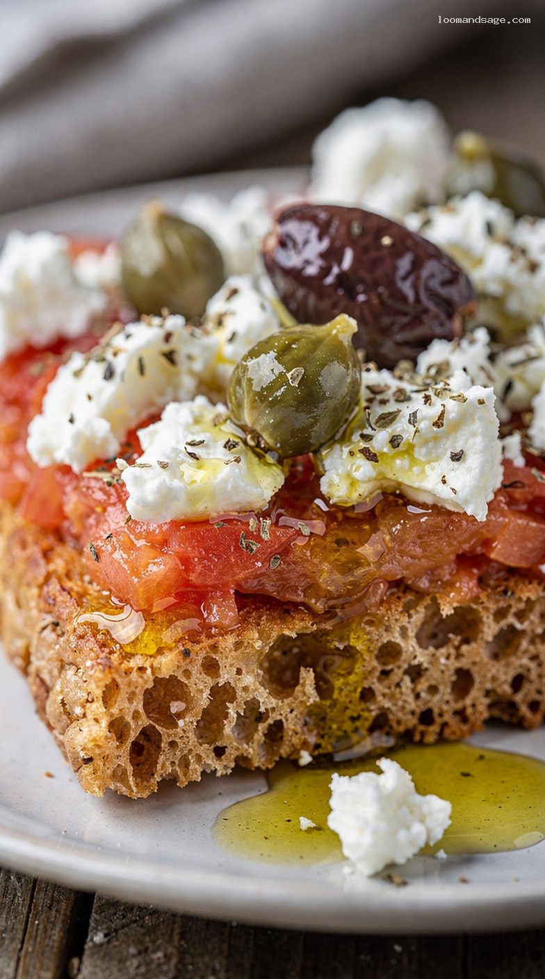 Cretan Dakos Barley Rusk Salad With Tomato and Feta – Closeup