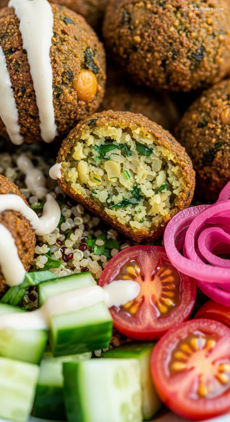 Crispy Baked Falafel Bowls With Herby Quinoa and Tahini – Closeup