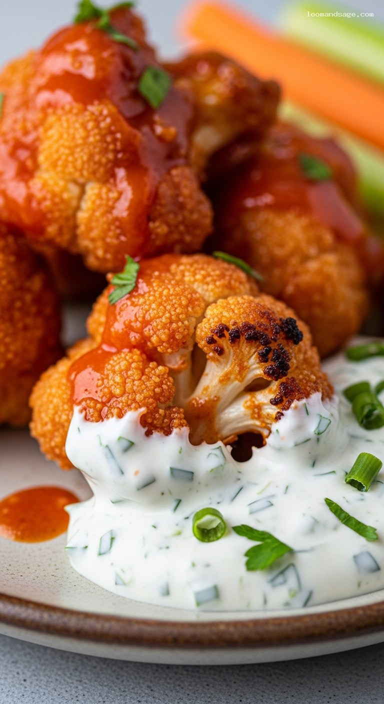 Crispy Buffalo Cauliflower Wings with Vegan Ranch – Closeup