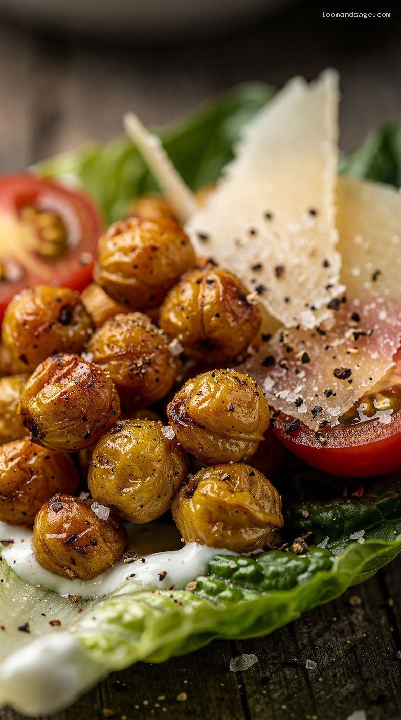 Crispy Chickpea Caesar Salad With Greek Yogurt Dressing – Closeup