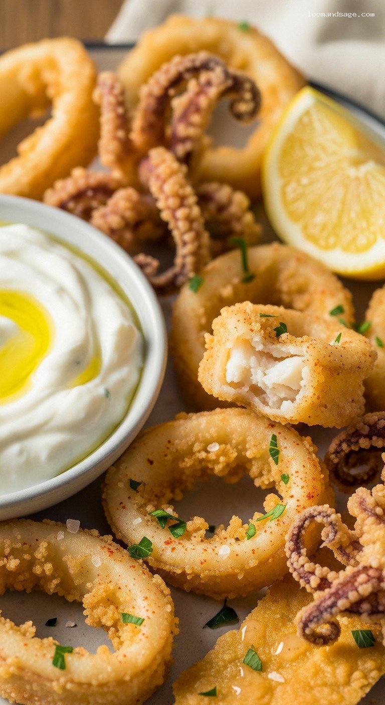 Crispy Fried Calamari With Lemon and Garlic Dip – Closeup