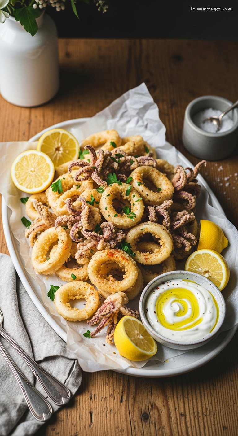 Crispy Fried Calamari With Lemon and Garlic Dip