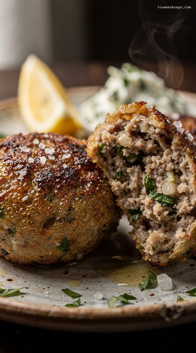 Crispy Greek Keftedes Meatballs With Mint and Lemon – Closeup