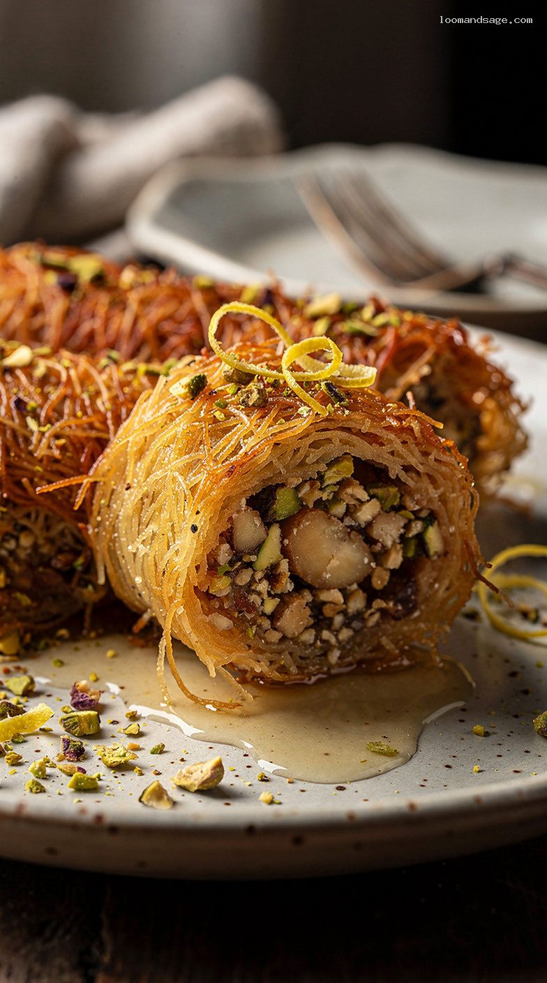 Crispy Kataifi Rolls With Spiced Nuts and Lemon Syrup – Closeup