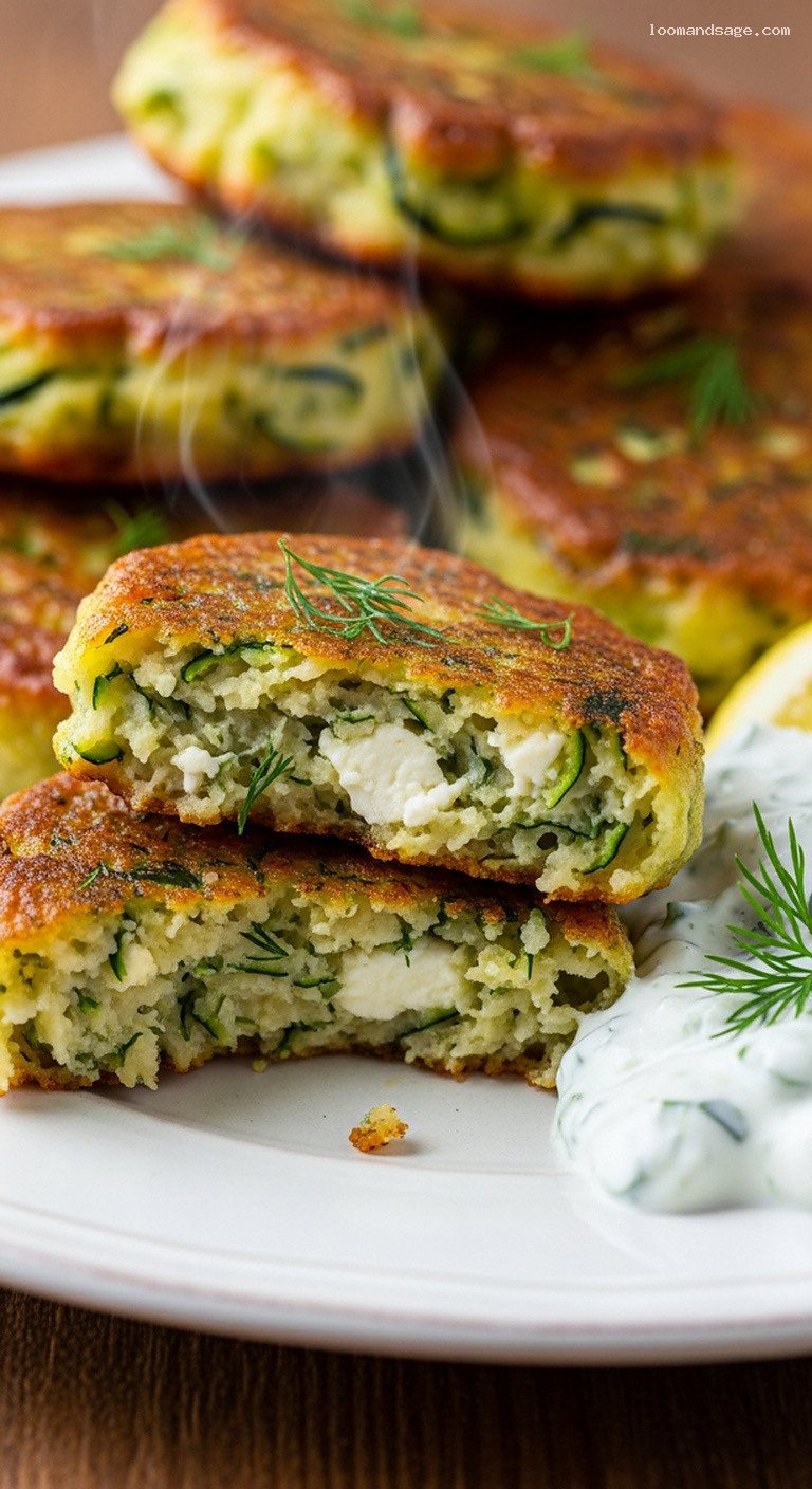 Crispy Kolokithokeftedes Zucchini Fritters with Feta and Herbs – Closeup