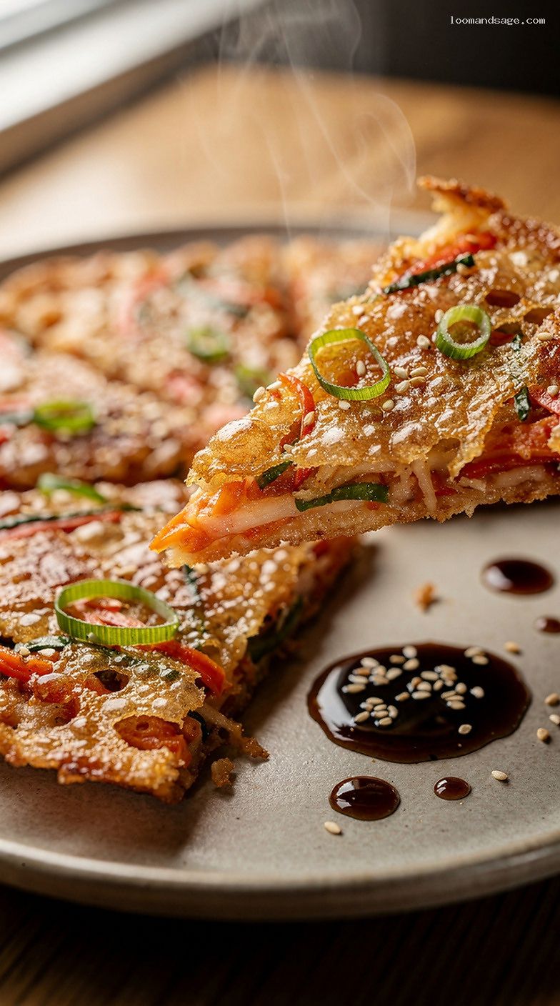 Crispy Korean Kimchi Pancakes With Soy Vinegar Dipping Sauce – Closeup