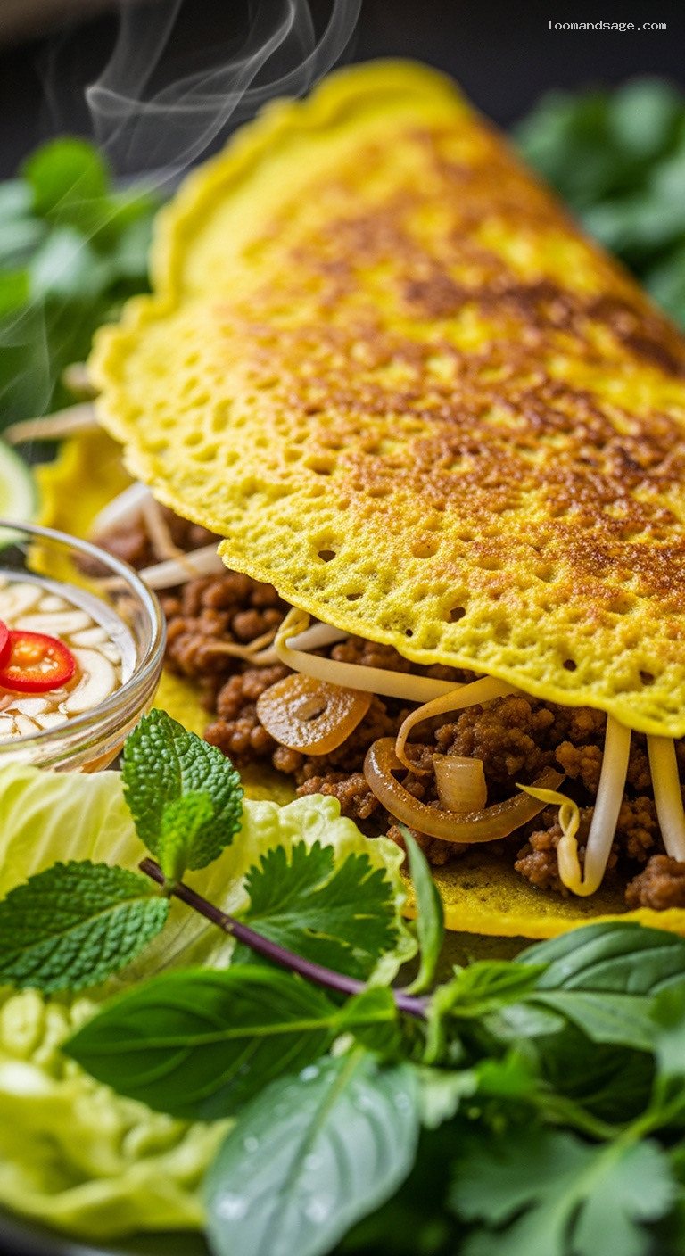 Crispy Lamb Bánh Xèo Crepes With Herbs and Nuoc Cham – Closeup