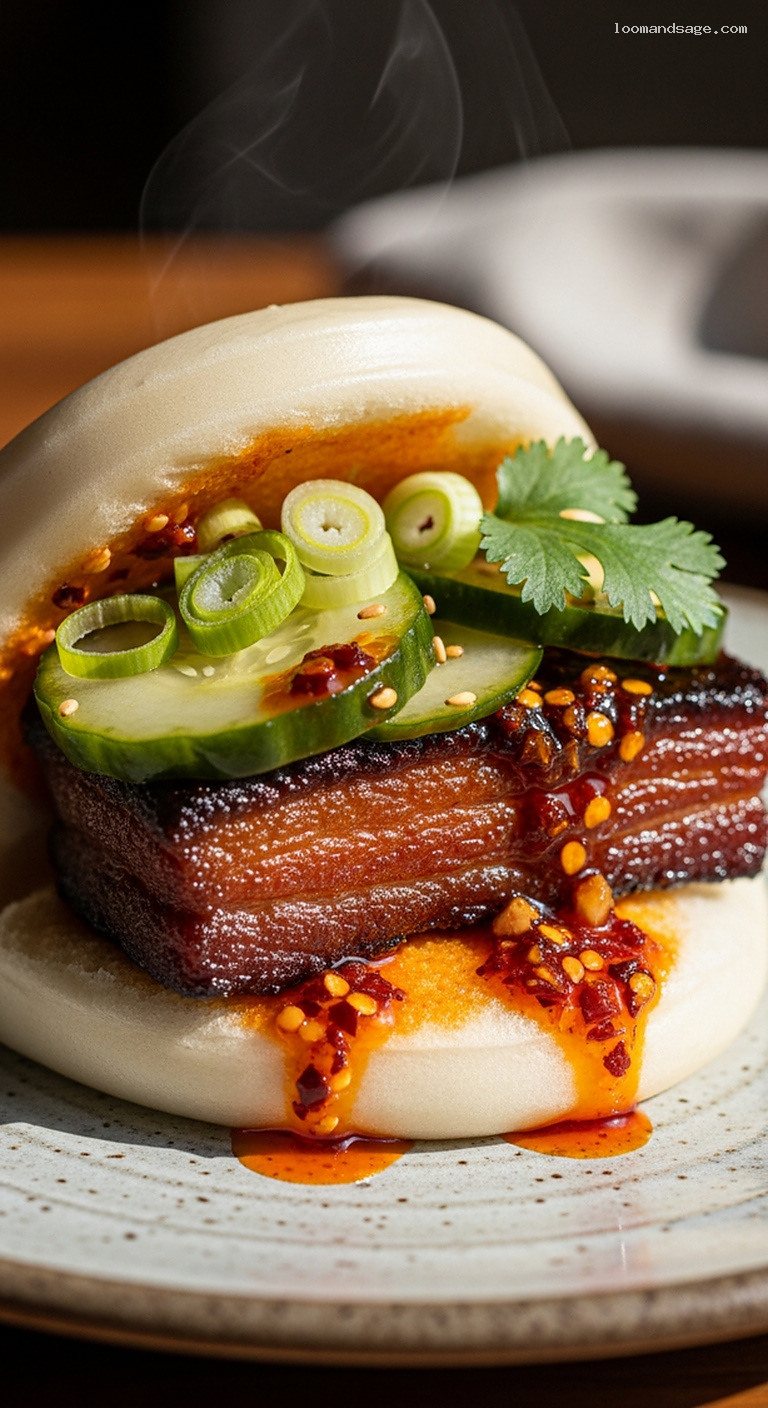 Crispy Lamb Belly Bao Sliders With Chili Oil and Pickled Cucumber – Closeup