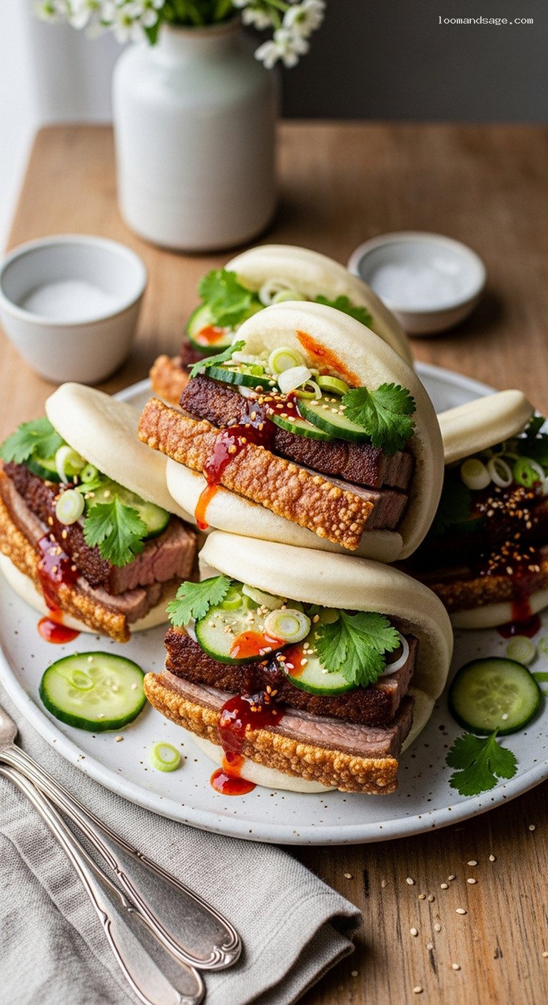Crispy Lamb Belly Bao Sliders With Chili Oil and Pickled Cucumber