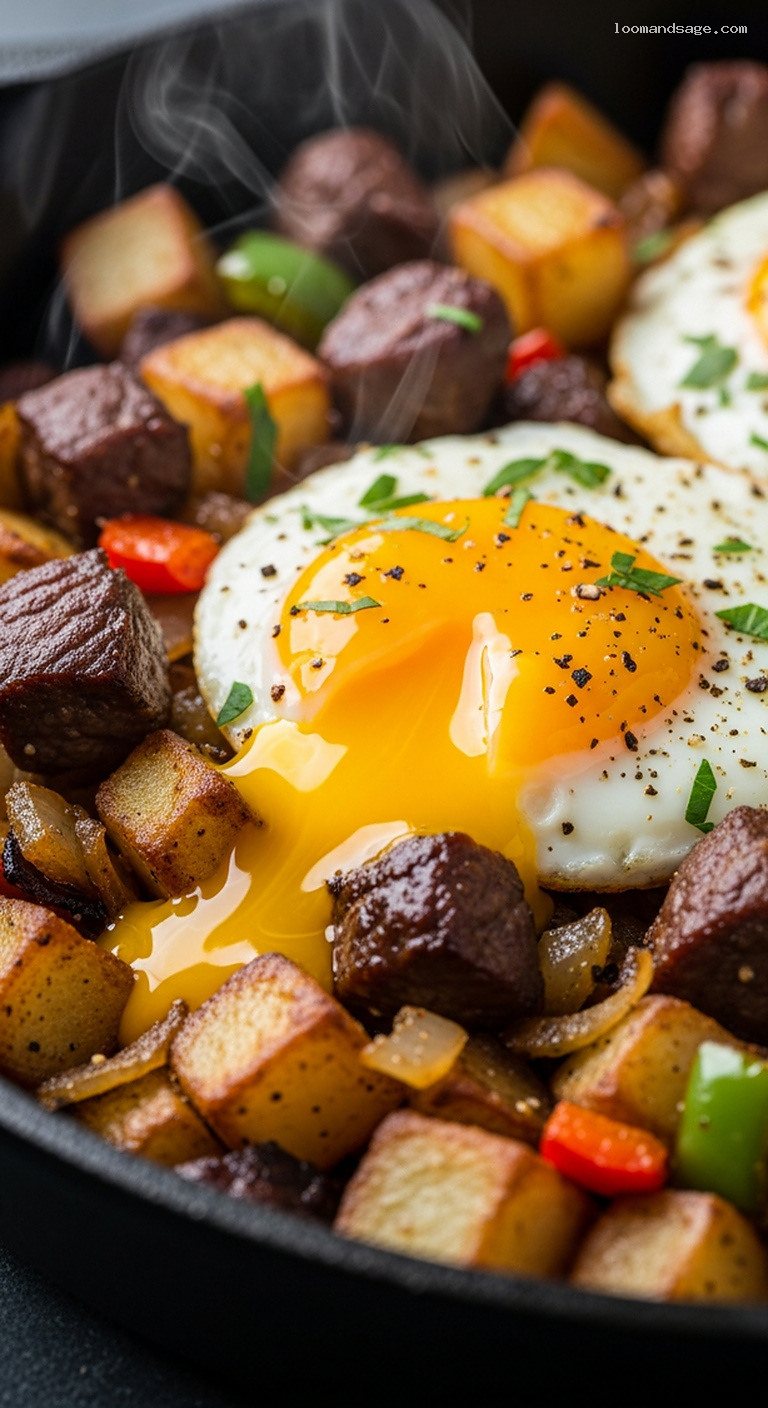 Crispy Lamb Hash Skillet With Potatoes and Runny Egg – Closeup