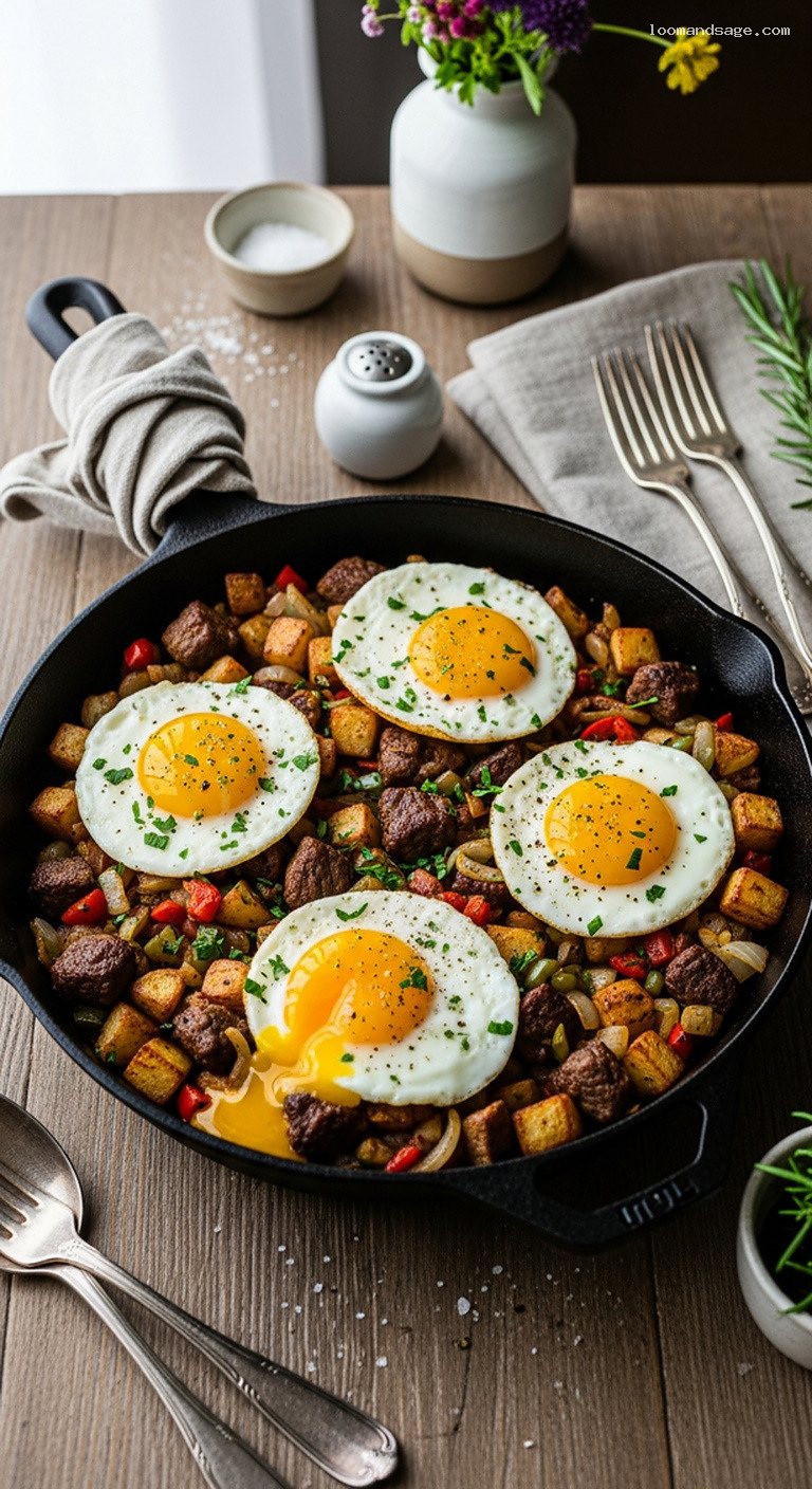 Crispy Lamb Hash Skillet With Potatoes and Runny Egg