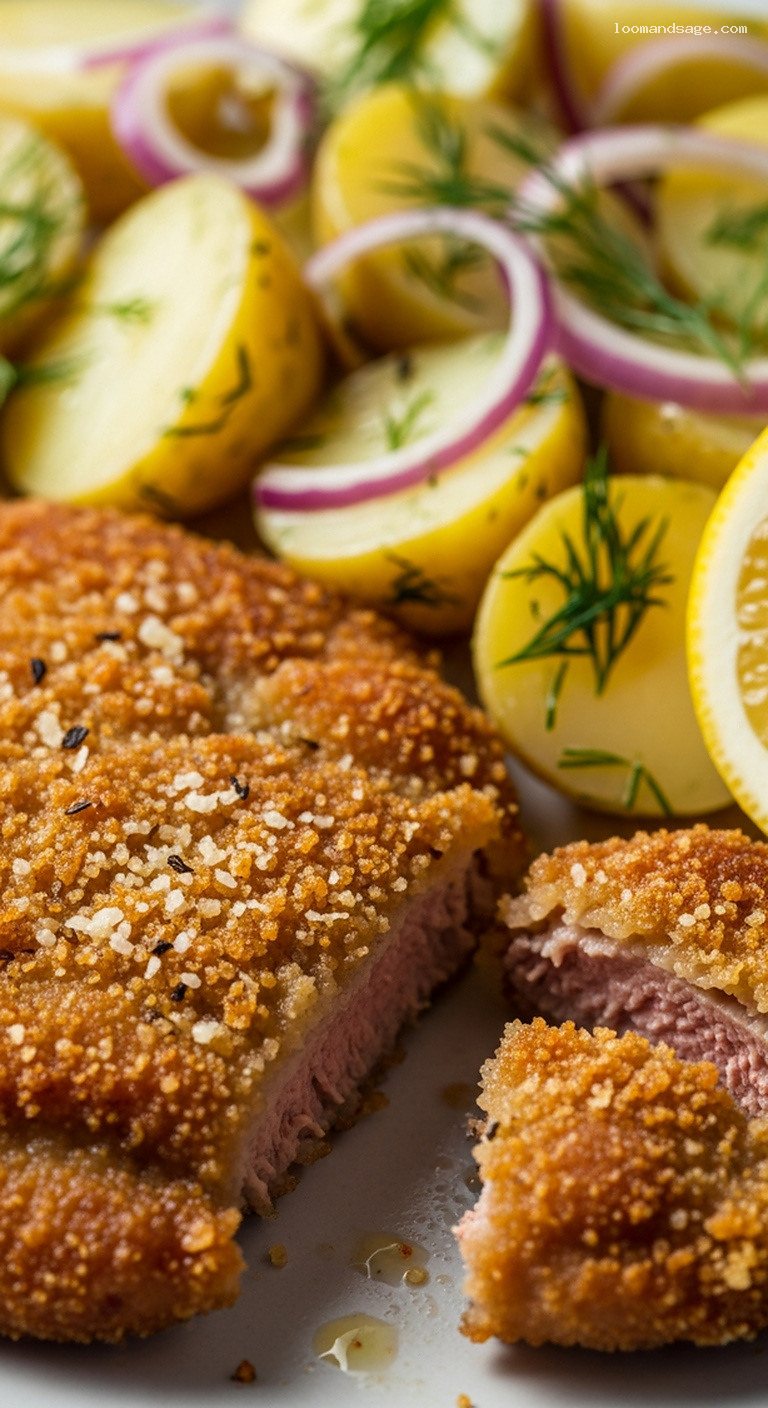 Crispy Lamb Schnitzel with Lemon and Potato Salad – Closeup