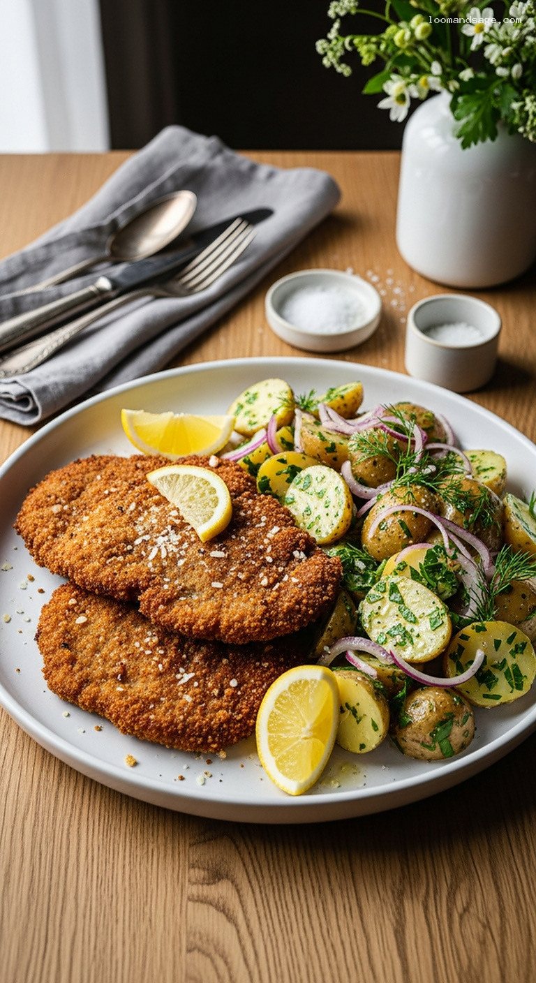 Crispy Lamb Schnitzel with Lemon and Potato Salad