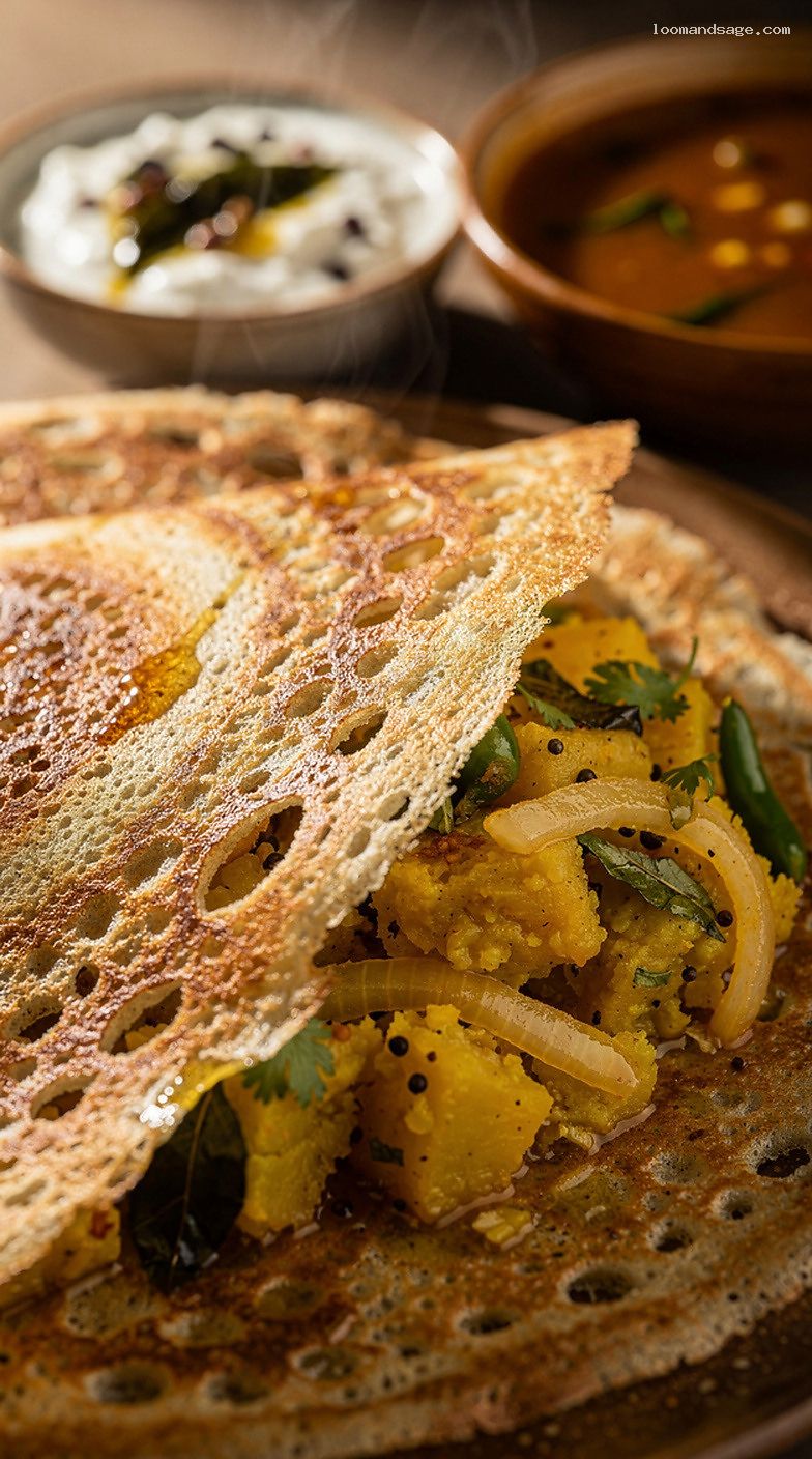 Crispy Masala Dosa With Potato Filling, Coconut Chutney, and Sambar – Closeup