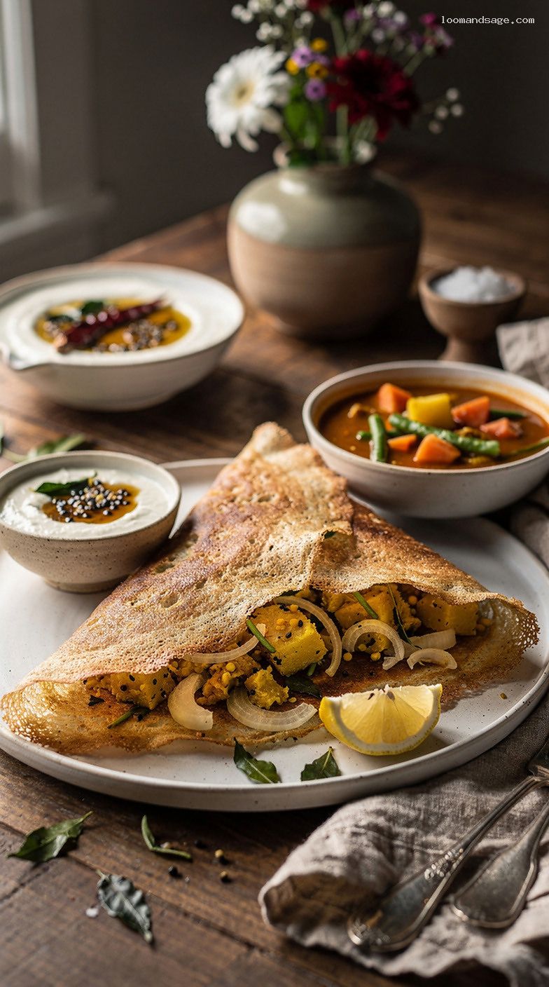 Crispy Masala Dosa With Potato Filling, Coconut Chutney, and Sambar