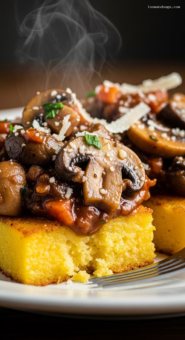 Crispy Polenta Squares With Slow-Simmered Mushroom Ragu – Closeup