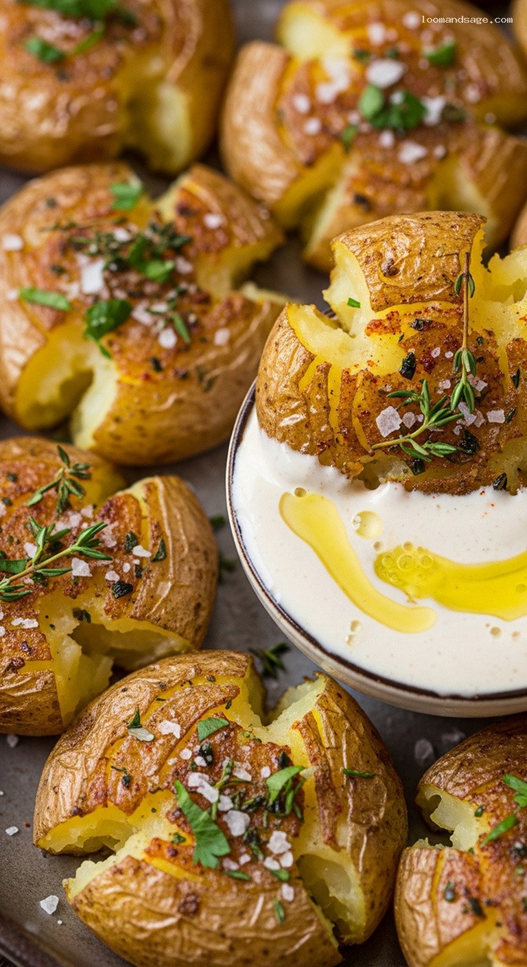 Crispy Smashed Potatoes with Garlic Herb Oil and Lemon Tahini Sauce – Closeup
