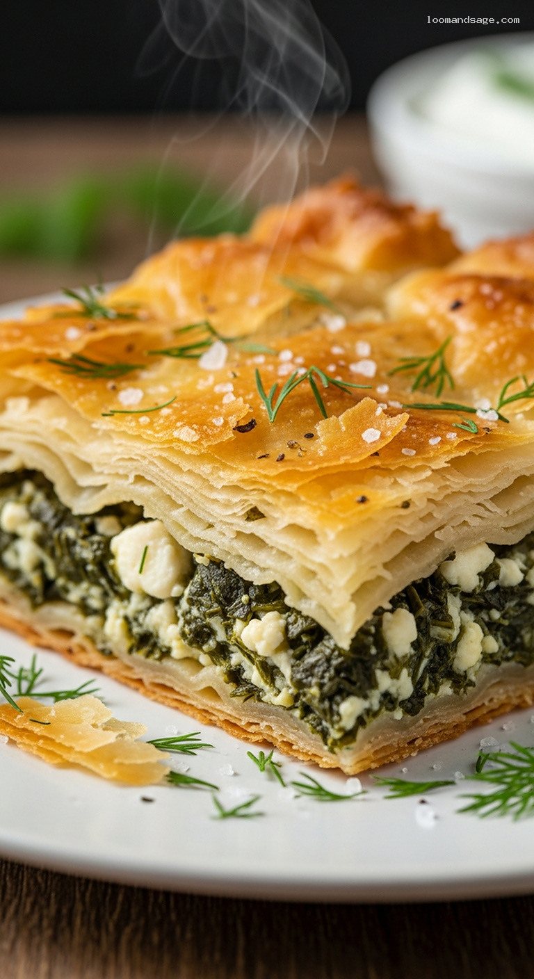 Crispy Spanakopita With Spinach, Feta, and Dill – Closeup