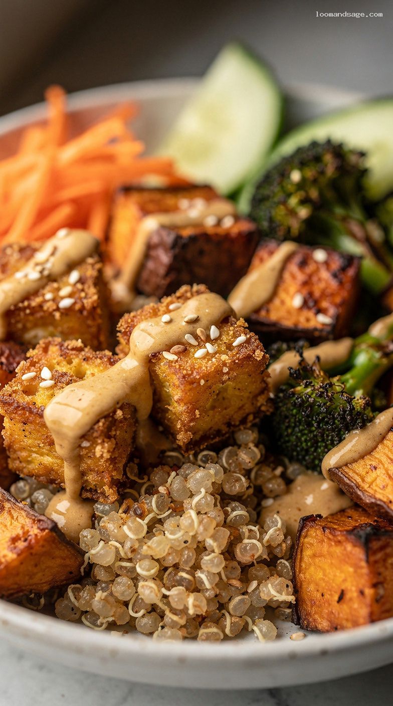 Crispy Tofu Buddha Bowl with Roasted Veggies and Tahini-Lime Sauce – Closeup