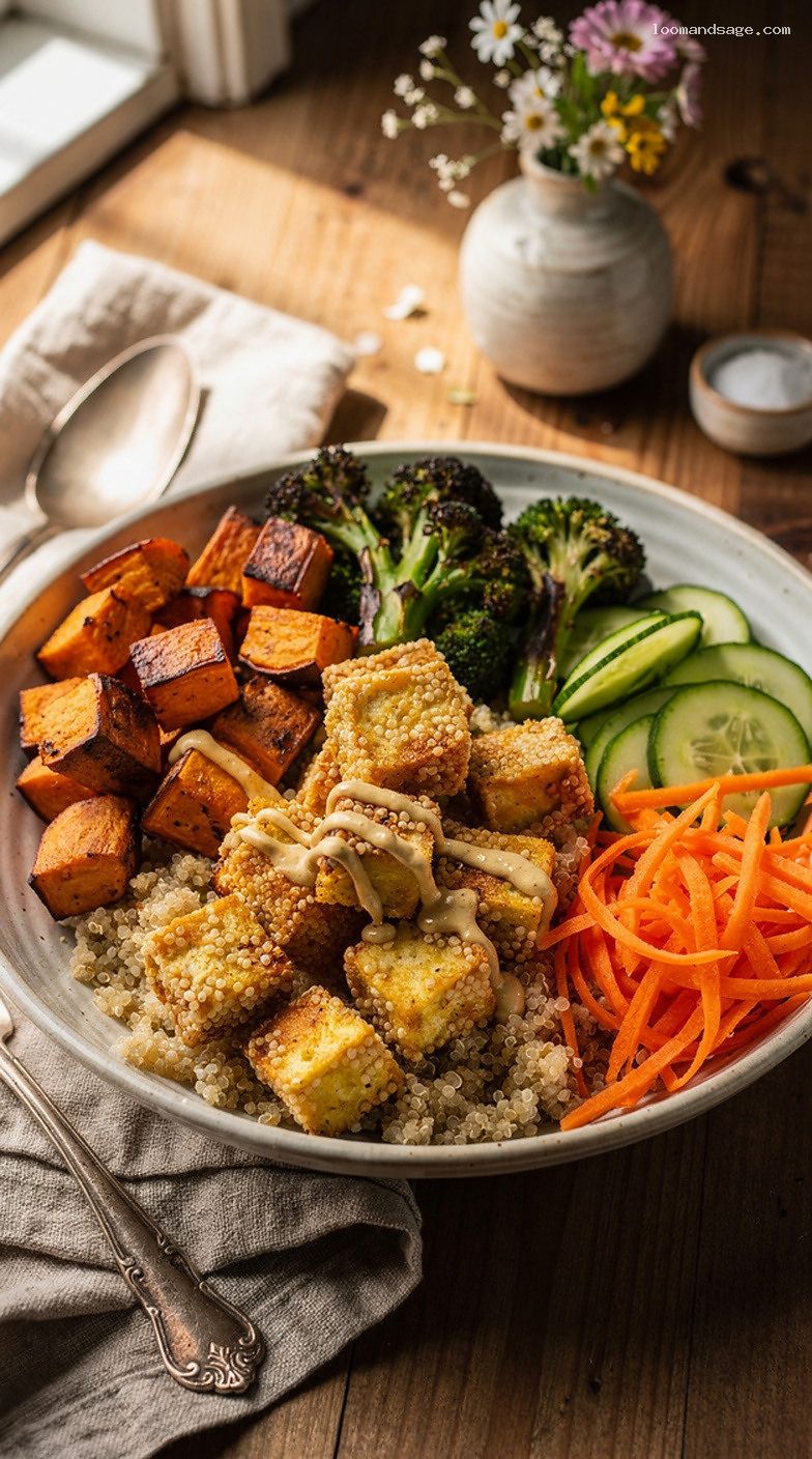 Crispy Tofu Buddha Bowl with Roasted Veggies and Tahini-Lime Sauce