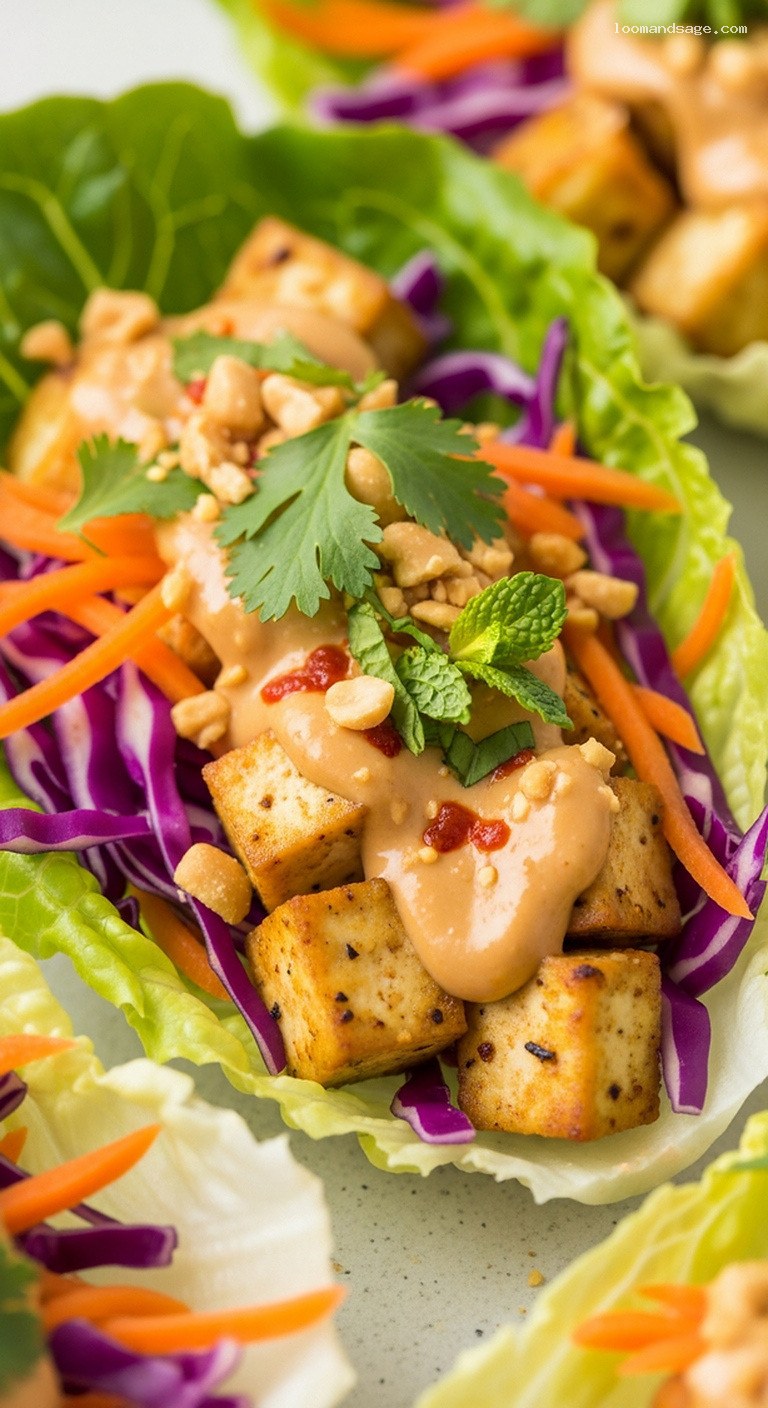 Crispy Tofu Lettuce Wraps With Tangy Peanut-Lime Sauce – Closeup
