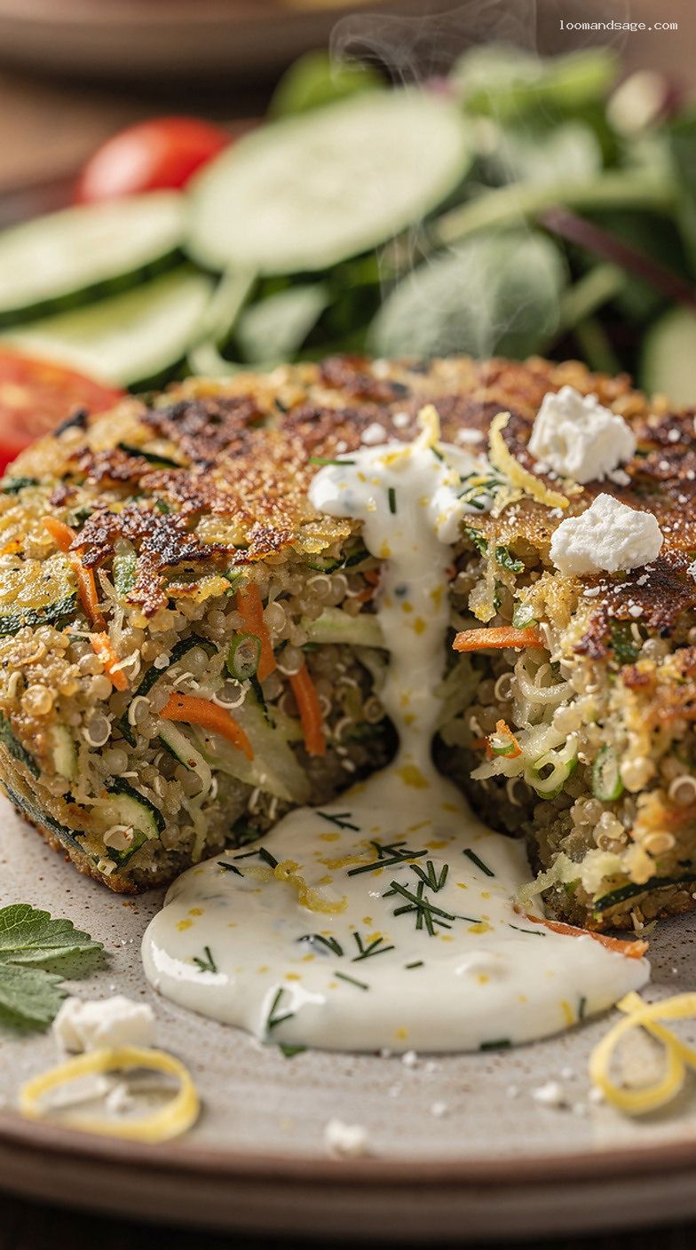 Crispy Veggie Quinoa Patties With Lemony Yogurt Sauce – Closeup