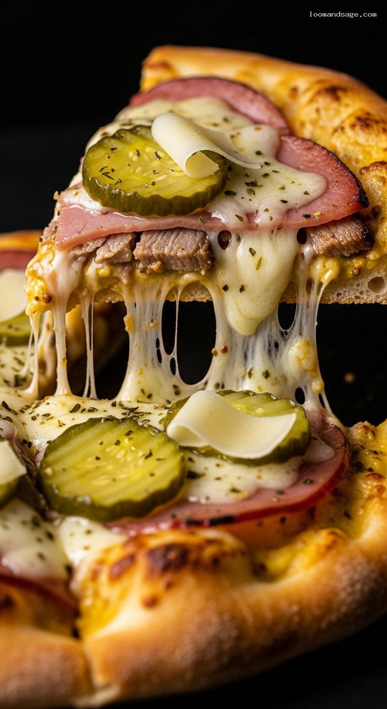 Cuban Sandwich Pizza with Pork, Ham, and Pickles – Closeup