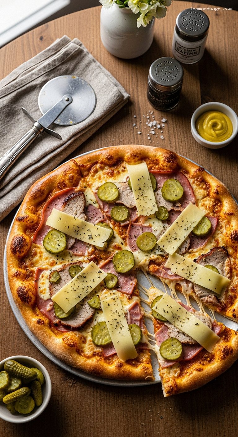 Cuban Sandwich Pizza with Pork, Ham, and Pickles