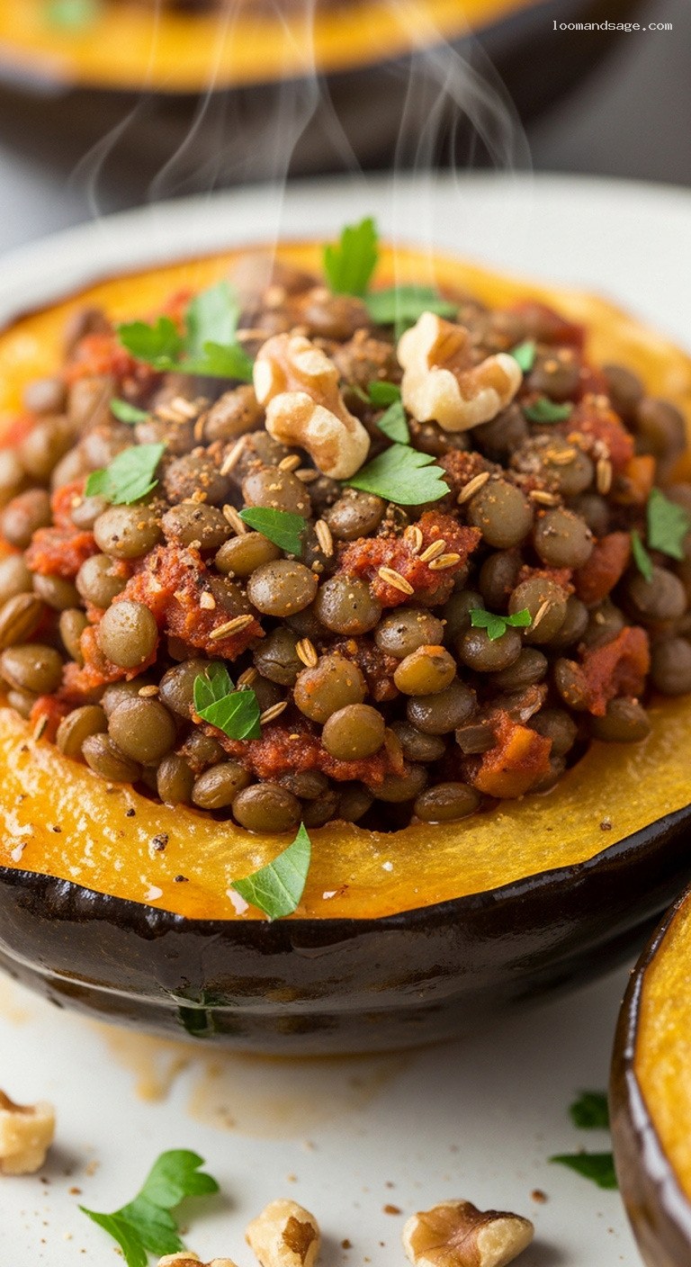 Cumin-Spiced Lentil-Stuffed Acorn Squash With Toasted Nuts – Closeup