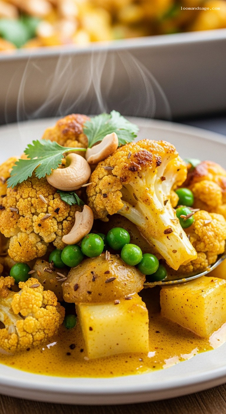 Curried Cauliflower and Potato Bake with Peas and Coconut-Cashew Sauce – Closeup
