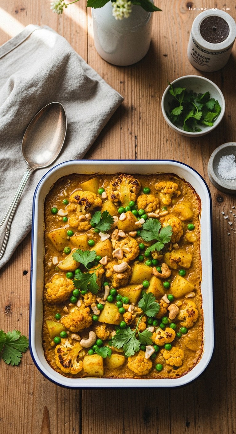 Curried Cauliflower and Potato Bake with Peas and Coconut-Cashew Sauce