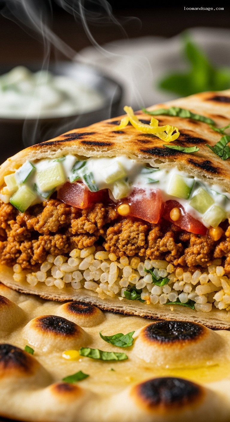Curried Lamb and Rice Stuffed Naan Wraps – Closeup