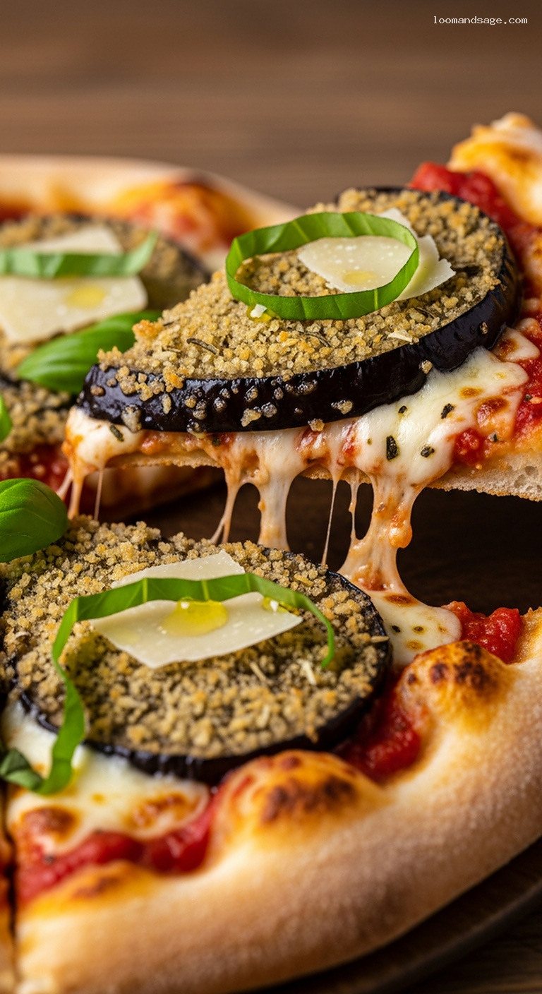 Eggplant Parmesan Pizza with Mozzarella and Basil – Closeup