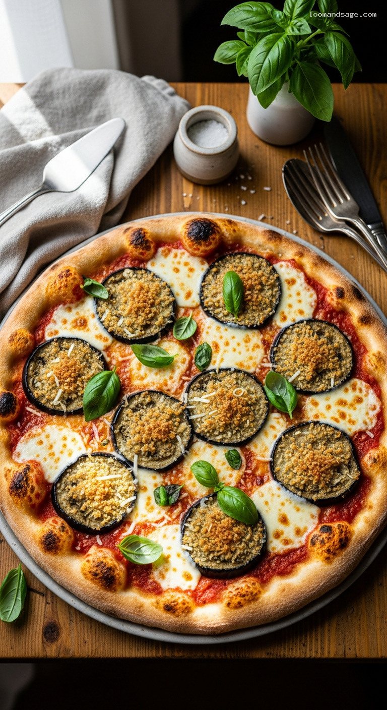 Eggplant Parmesan Pizza with Mozzarella and Basil
