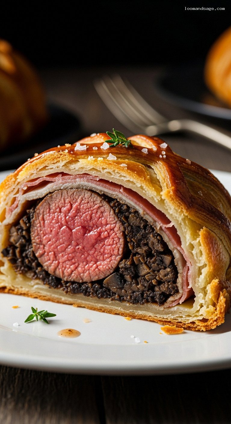 Elegant Lamb Wellington with Mushroom Duxelles in Puff Pastry – Closeup