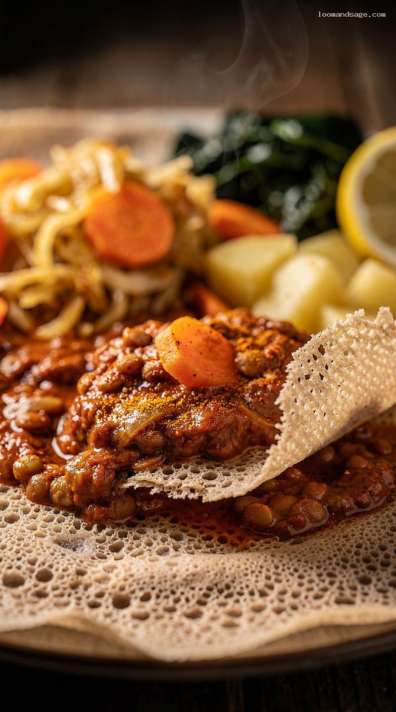 Ethiopian Injera Platter With Teff Flatbread and Flavorful Stews – Closeup