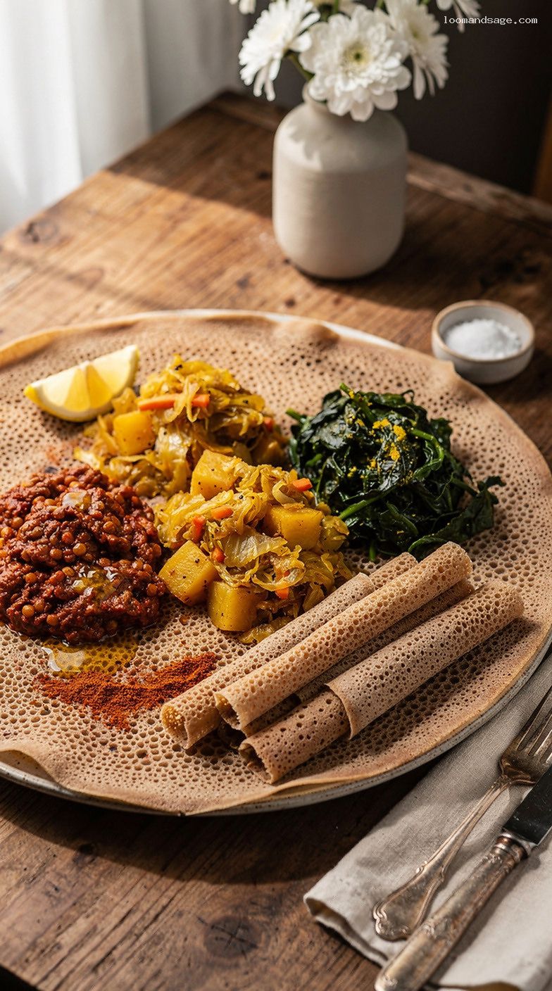 Ethiopian Injera Platter With Teff Flatbread and Flavorful Stews