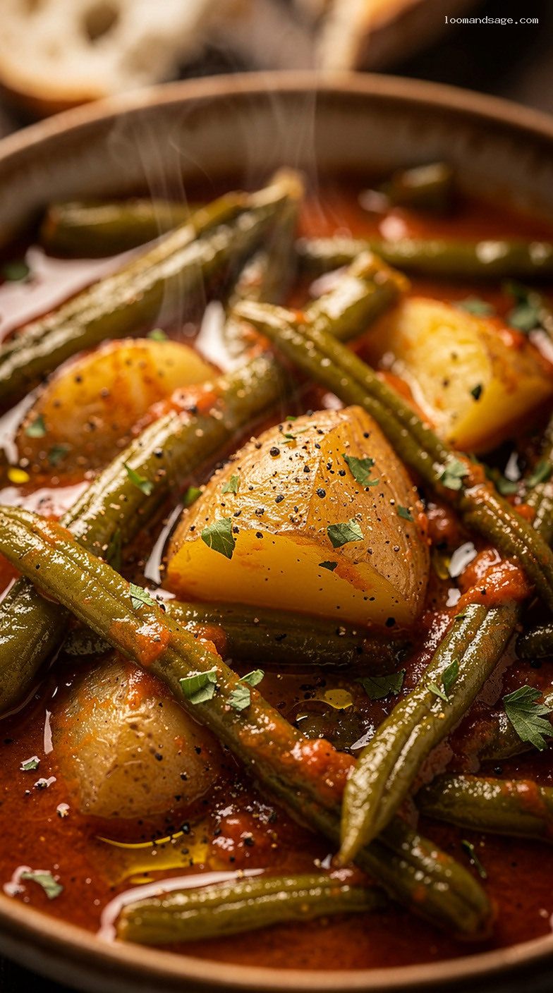 Fasolakia Ladera Greek Stewed Green Beans With Potatoes – Closeup