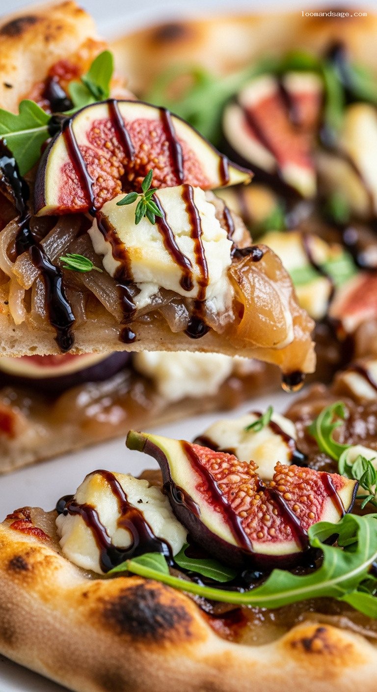 Fig, Goat Cheese and Caramelized Onion Pizza with Balsamic Drizzle – Closeup