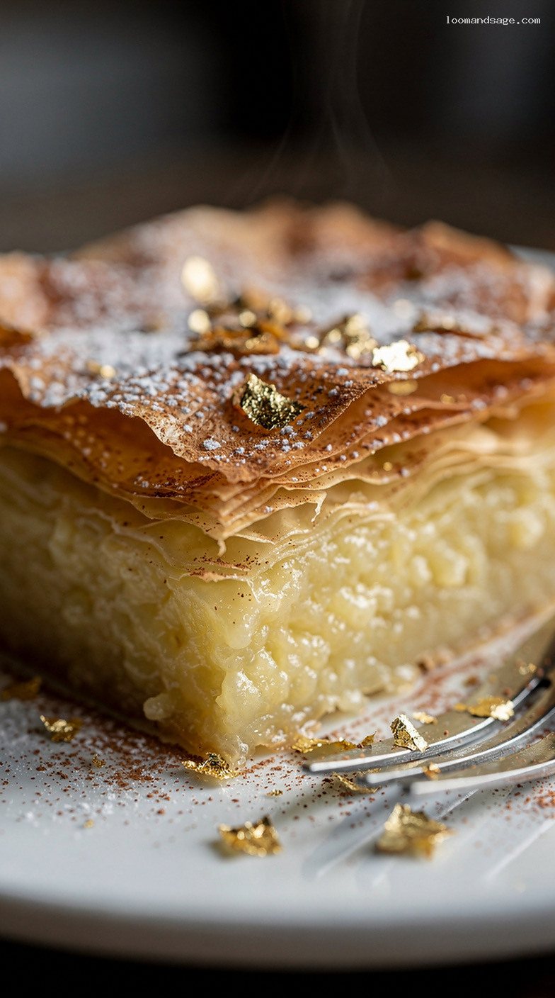 Flaky Bougatsa Phyllo Pastry With Custard or Cheese – Closeup